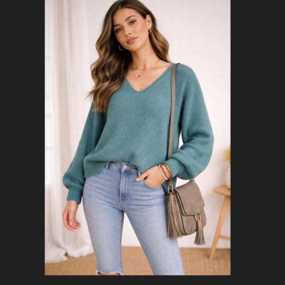 Lulus V Neck Sweater Women's L Teal Blouson Sleeve Cotton Blend Cozy Chic
